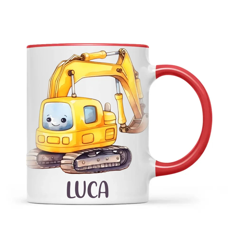 Personalised with Name, Cute Digger Kids Mug – Custom Construction Vehicle Cup for Children – Available in 11oz, 6oz & Enamel Options