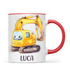 Personalised with Name, Cute Digger Kids Mug – Custom Construction Vehicle Cup for Children – Available in 11oz, 6oz & Enamel Options