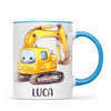 Personalised with Name, Cute Digger Kids Mug – Custom Construction Vehicle Cup for Children – Available in 11oz, 6oz & Enamel Options