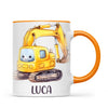 Personalised with Name, Cute Digger Kids Mug – Custom Construction Vehicle Cup for Children – Available in 11oz, 6oz & Enamel Options