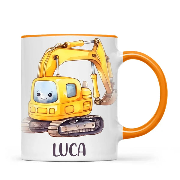 Personalised with Name, Cute Digger Kids Mug – Custom Construction Vehicle Cup for Children – Available in 11oz, 6oz & Enamel Options