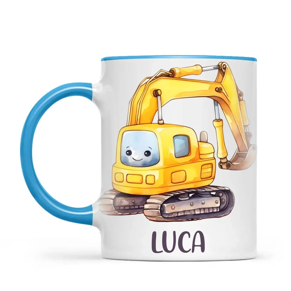 Personalised with Name, Cute Digger Kids Mug – Custom Construction Vehicle Cup for Children – Available in 11oz, 6oz & Enamel Options