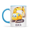Personalised with Name, Cute Digger Kids Mug – Custom Construction Vehicle Cup for Children – Available in 11oz, 6oz & Enamel Options