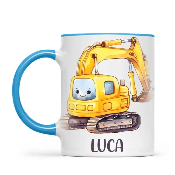 Personalised with Name, Cute Digger Kids Mug – Custom Construction Vehicle Cup for Children – Available in 11oz, 6oz & Enamel Options