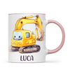 Personalised with Name, Cute Digger Kids Mug – Custom Construction Vehicle Cup for Children – Available in 11oz, 6oz & Enamel Options