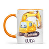 Personalised with Name, Cute Digger Kids Mug – Custom Construction Vehicle Cup for Children – Available in 11oz, 6oz & Enamel Options
