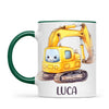 Personalised with Name, Cute Digger Kids Mug – Custom Construction Vehicle Cup for Children – Available in 11oz, 6oz & Enamel Options
