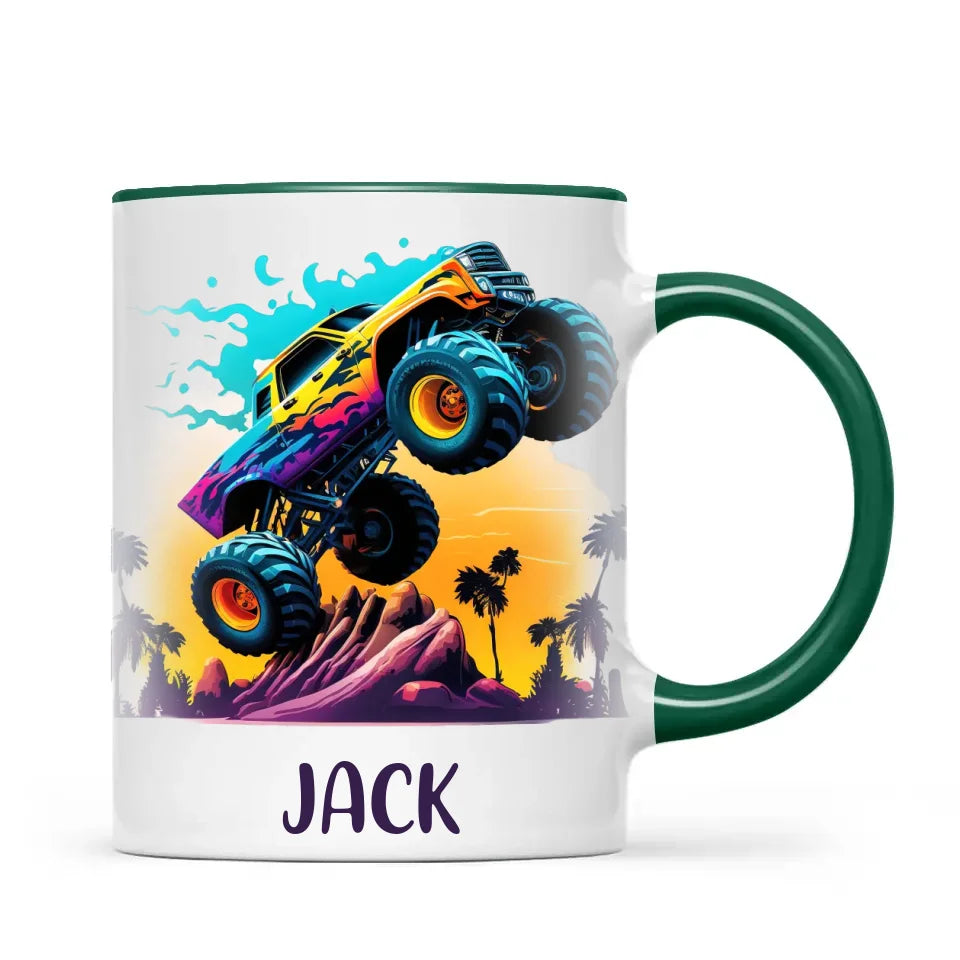 Personalised with Name, Sunset Monster Truck Kids Mug – Custom Off-Road Adventure Cup for Children – Available in 11oz, 6oz & Enamel Options