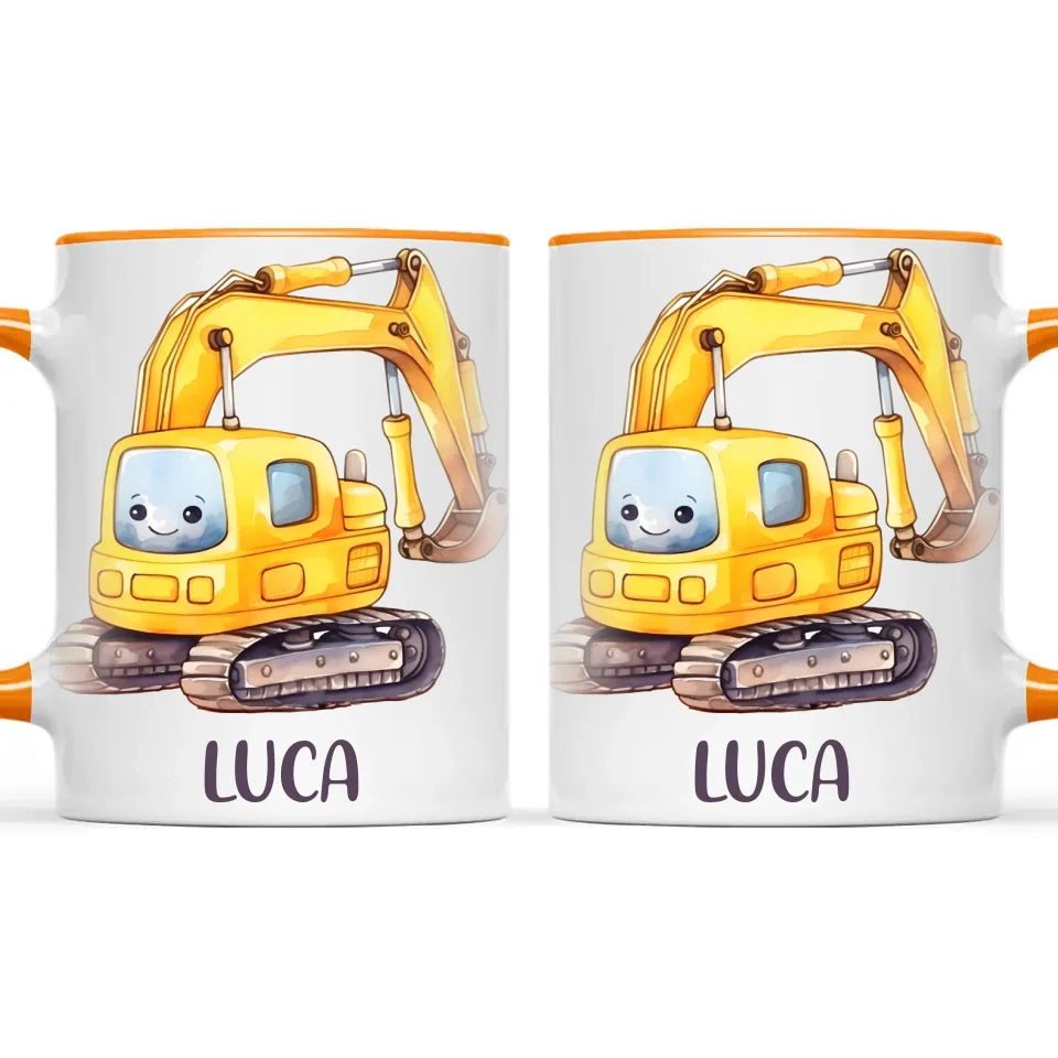 Personalised with Name, Cute Digger Kids Mug – Custom Construction Vehicle Cup for Children – Available in 11oz, 6oz & Enamel Options