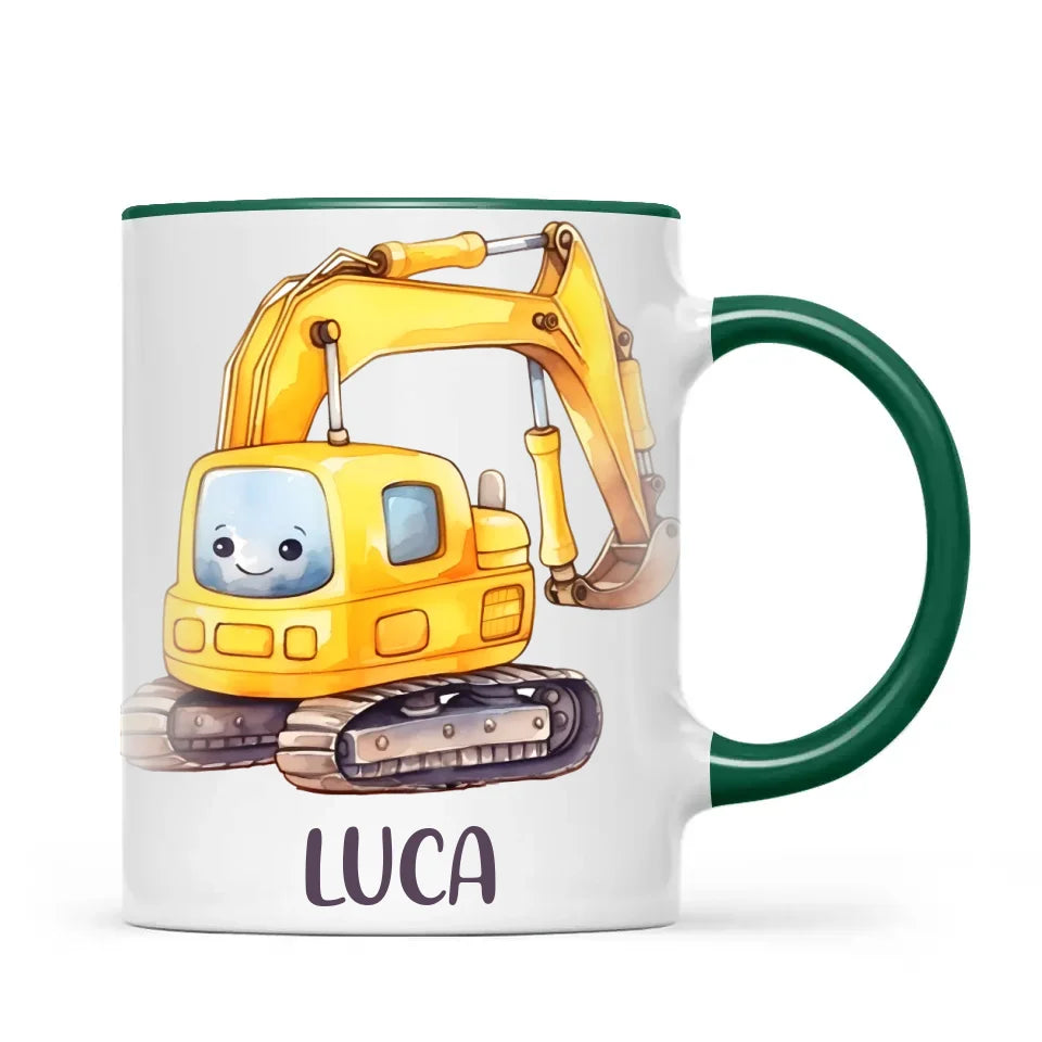 Personalised with Name, Cute Digger Kids Mug – Custom Construction Vehicle Cup for Children – Available in 11oz, 6oz & Enamel Options