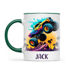Personalised with Name, Sunset Monster Truck Kids Mug – Custom Off-Road Adventure Cup for Children – Available in 11oz, 6oz & Enamel Options