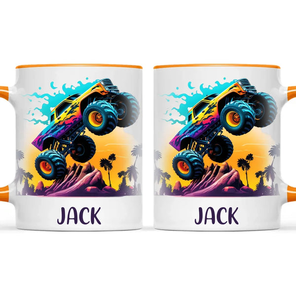 Personalised with Name, Sunset Monster Truck Kids Mug – Custom Off-Road Adventure Cup for Children – Available in 11oz, 6oz & Enamel Options
