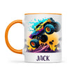 Personalised with Name, Sunset Monster Truck Kids Mug – Custom Off-Road Adventure Cup for Children – Available in 11oz, 6oz & Enamel Options