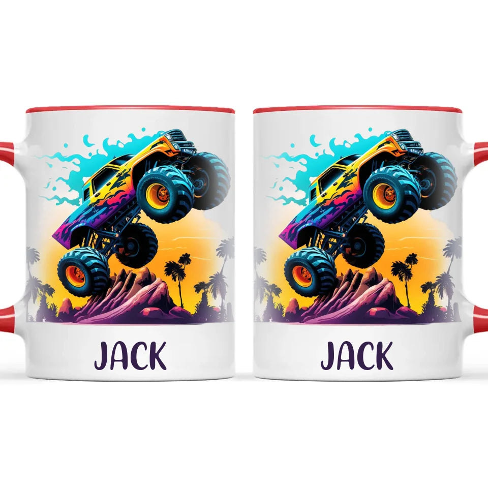 Personalised with Name, Sunset Monster Truck Kids Mug – Custom Off-Road Adventure Cup for Children – Available in 11oz, 6oz & Enamel Options