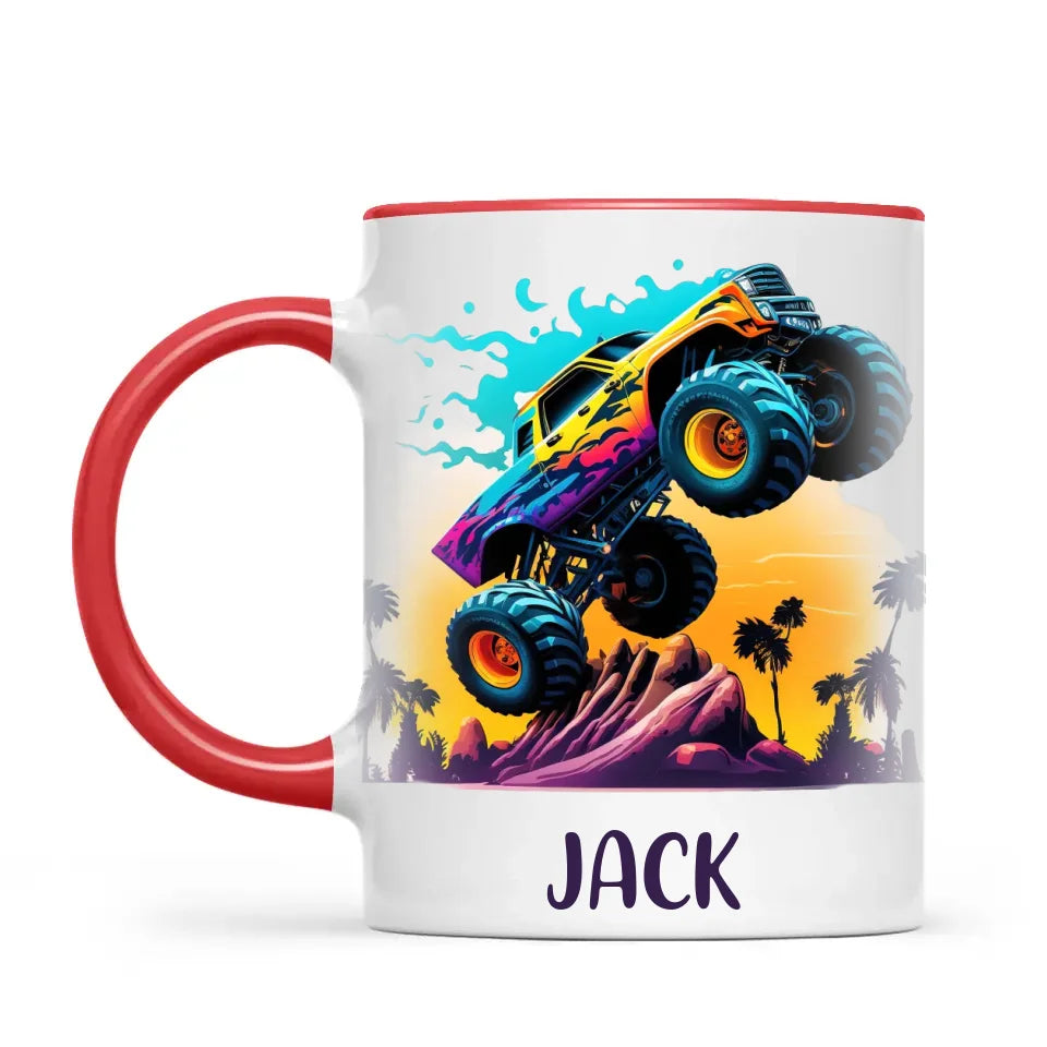 Personalised with Name, Sunset Monster Truck Kids Mug – Custom Off-Road Adventure Cup for Children – Available in 11oz, 6oz & Enamel Options