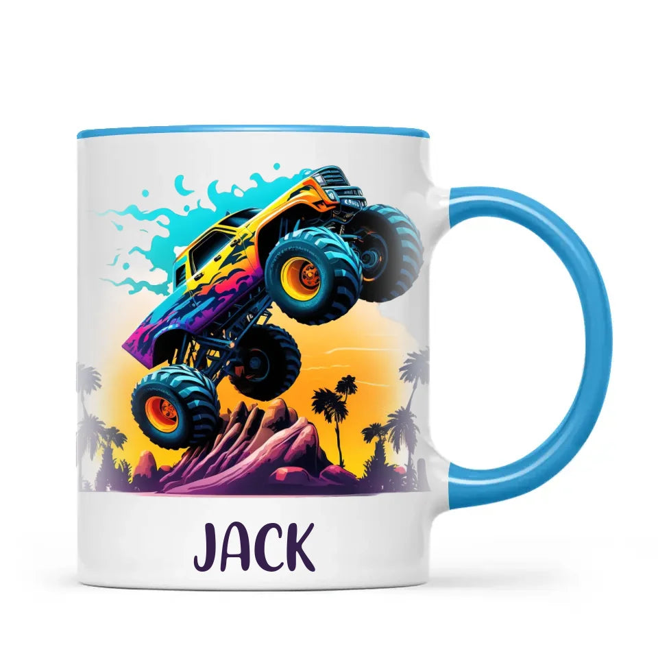 Personalised with Name, Sunset Monster Truck Kids Mug – Custom Off-Road Adventure Cup for Children – Available in 11oz, 6oz & Enamel Options