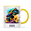 Personalised with Name, Sunset Monster Truck Kids Mug – Custom Off-Road Adventure Cup for Children – Available in 11oz, 6oz & Enamel Options