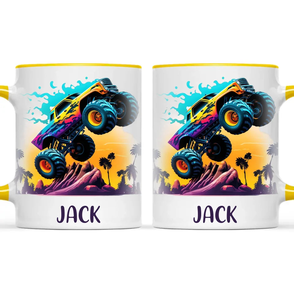 Personalised with Name, Sunset Monster Truck Kids Mug – Custom Off-Road Adventure Cup for Children – Available in 11oz, 6oz & Enamel Options