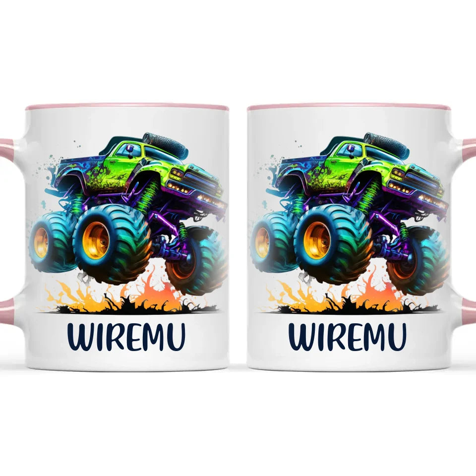 Personalised with Name, Green Monster Truck Kids Mug – Custom Off-Road 4x4 Cup for Children – Available in 11oz, 6oz & Enamel Options