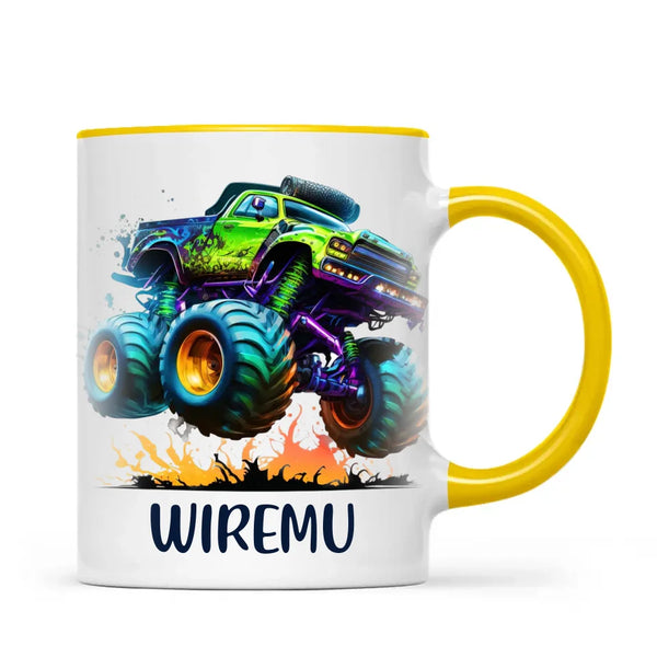 Personalised with Name, Green Monster Truck Kids Mug – Custom Off-Road 4x4 Cup for Children – Available in 11oz, 6oz & Enamel Options