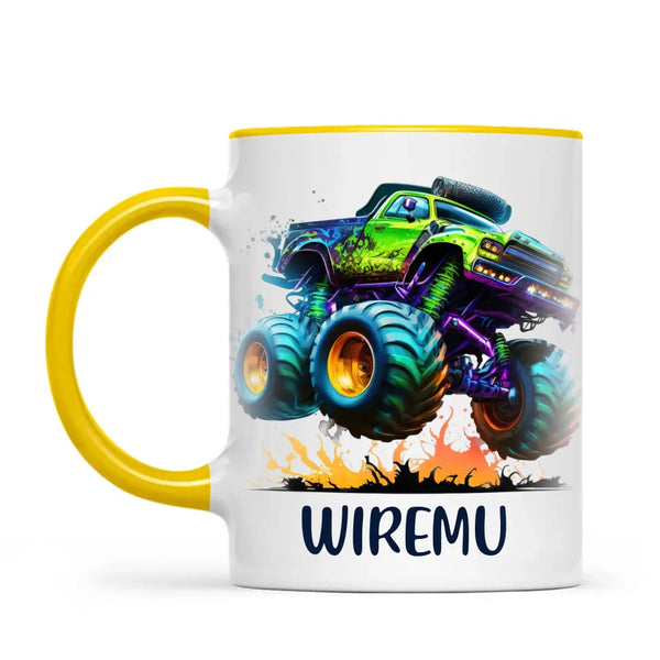 Personalised with Name, Green Monster Truck Kids Mug – Custom Off-Road 4x4 Cup for Children – Available in 11oz, 6oz & Enamel Options