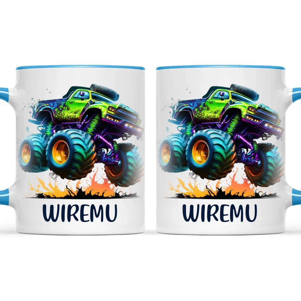 Personalised with Name, Green Monster Truck Kids Mug – Custom Off-Road 4x4 Cup for Children – Available in 11oz, 6oz & Enamel Options
