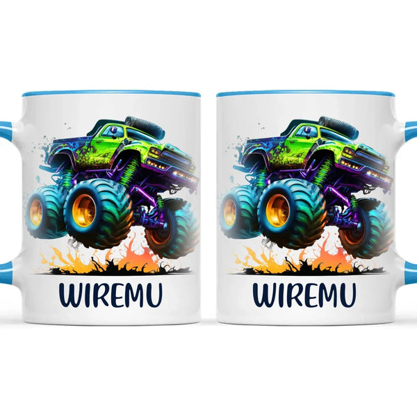 Personalised with Name, Green Monster Truck Kids Mug – Custom Off-Road 4x4 Cup for Children – Available in 11oz, 6oz & Enamel Options