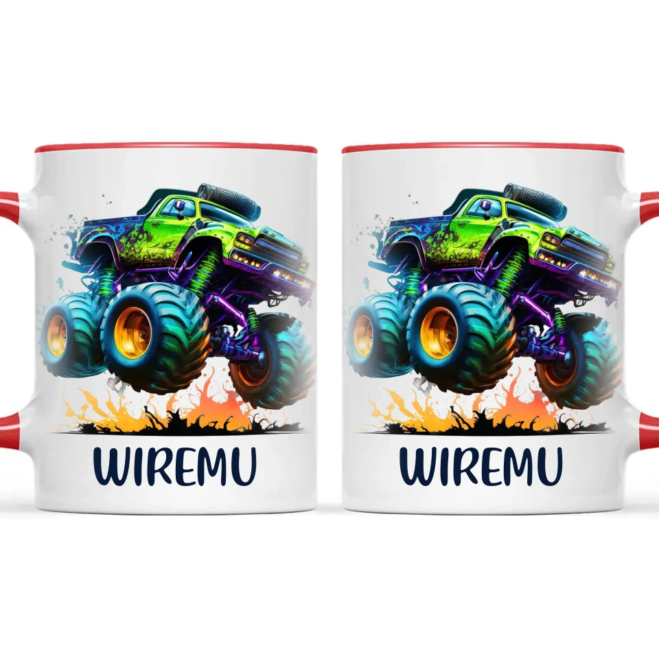 Personalised with Name, Green Monster Truck Kids Mug – Custom Off-Road 4x4 Cup for Children – Available in 11oz, 6oz & Enamel Options
