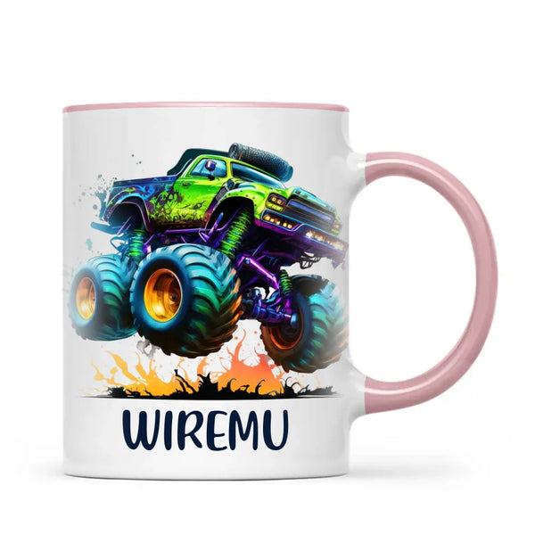 Personalised with Name, Green Monster Truck Kids Mug – Custom Off-Road 4x4 Cup for Children – Available in 11oz, 6oz & Enamel Options