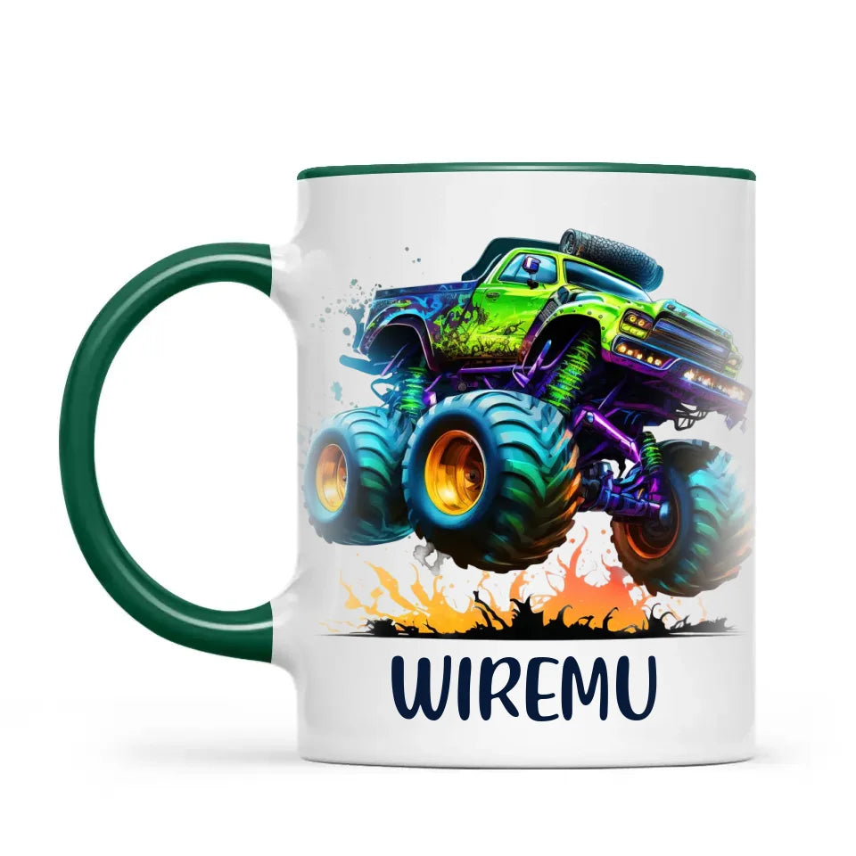 Personalised with Name, Green Monster Truck Kids Mug – Custom Off-Road 4x4 Cup for Children – Available in 11oz, 6oz & Enamel Options
