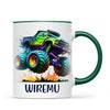 Personalised with Name, Green Monster Truck Kids Mug – Custom Off-Road 4x4 Cup for Children – Available in 11oz, 6oz & Enamel Options