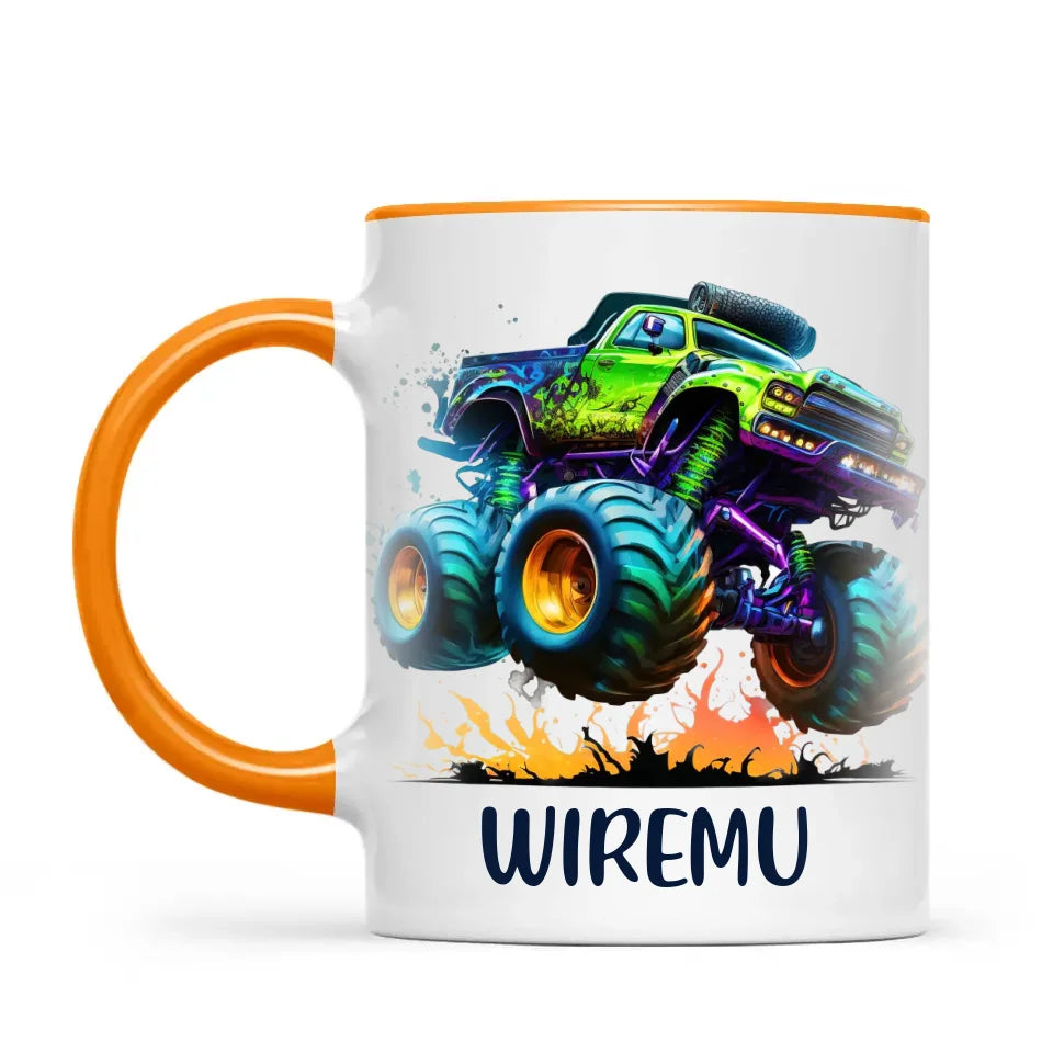Personalised with Name, Green Monster Truck Kids Mug – Custom Off-Road 4x4 Cup for Children – Available in 11oz, 6oz & Enamel Options