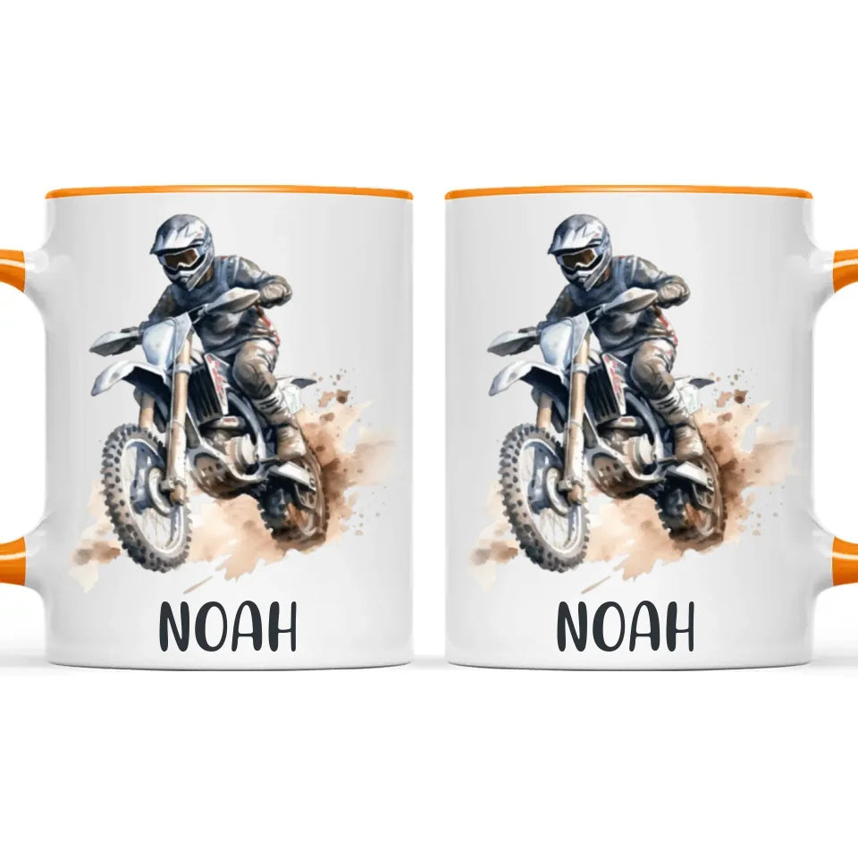 Personalised with Name, Motocross Rider Kids Mug – Customised Dirt Bike Racing Cup for Children – Available in 11oz, 6oz & Enamel Options