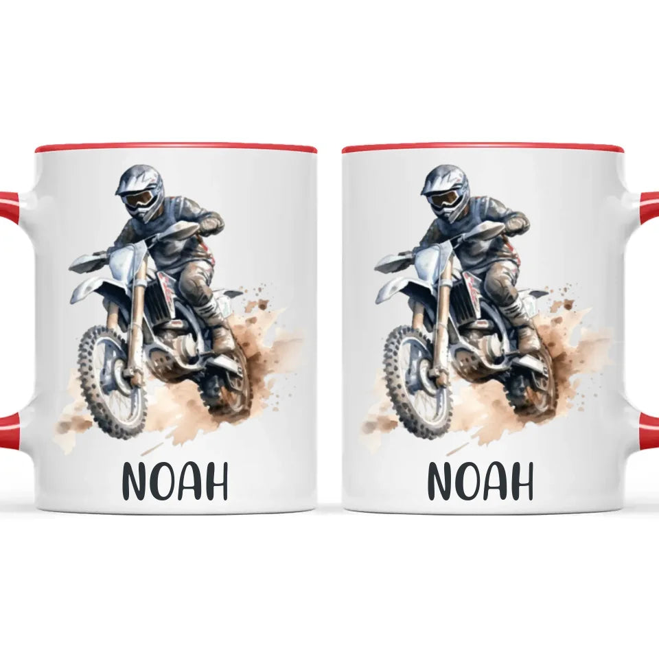 Personalised with Name, Motocross Rider Kids Mug – Customised Dirt Bike Racing Cup for Children – Available in 11oz, 6oz & Enamel Options
