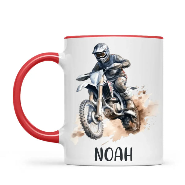 Personalised with Name, Motocross Rider Kids Mug – Customised Dirt Bike Racing Cup for Children – Available in 11oz, 6oz & Enamel Options