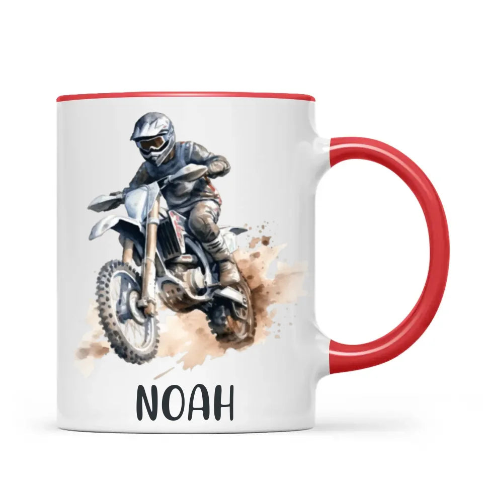 Personalised with Name, Motocross Rider Kids Mug – Customised Dirt Bike Racing Cup for Children – Available in 11oz, 6oz & Enamel Options