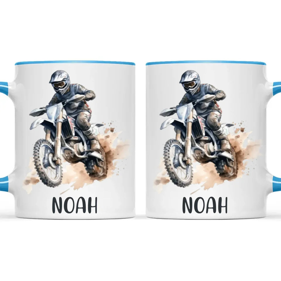 Personalised with Name, Motocross Rider Kids Mug – Customised Dirt Bike Racing Cup for Children – Available in 11oz, 6oz & Enamel Options