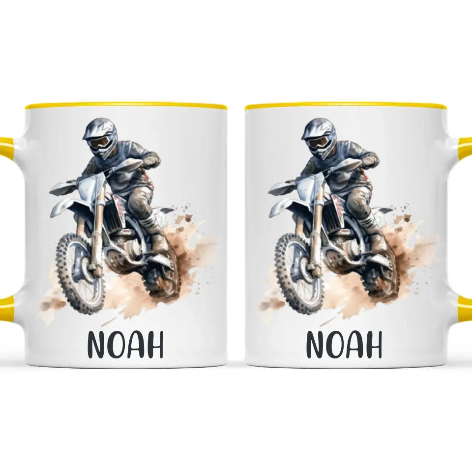 Personalised with Name, Motocross Rider Kids Mug – Customised Dirt Bike Racing Cup for Children – Available in 11oz, 6oz & Enamel Options