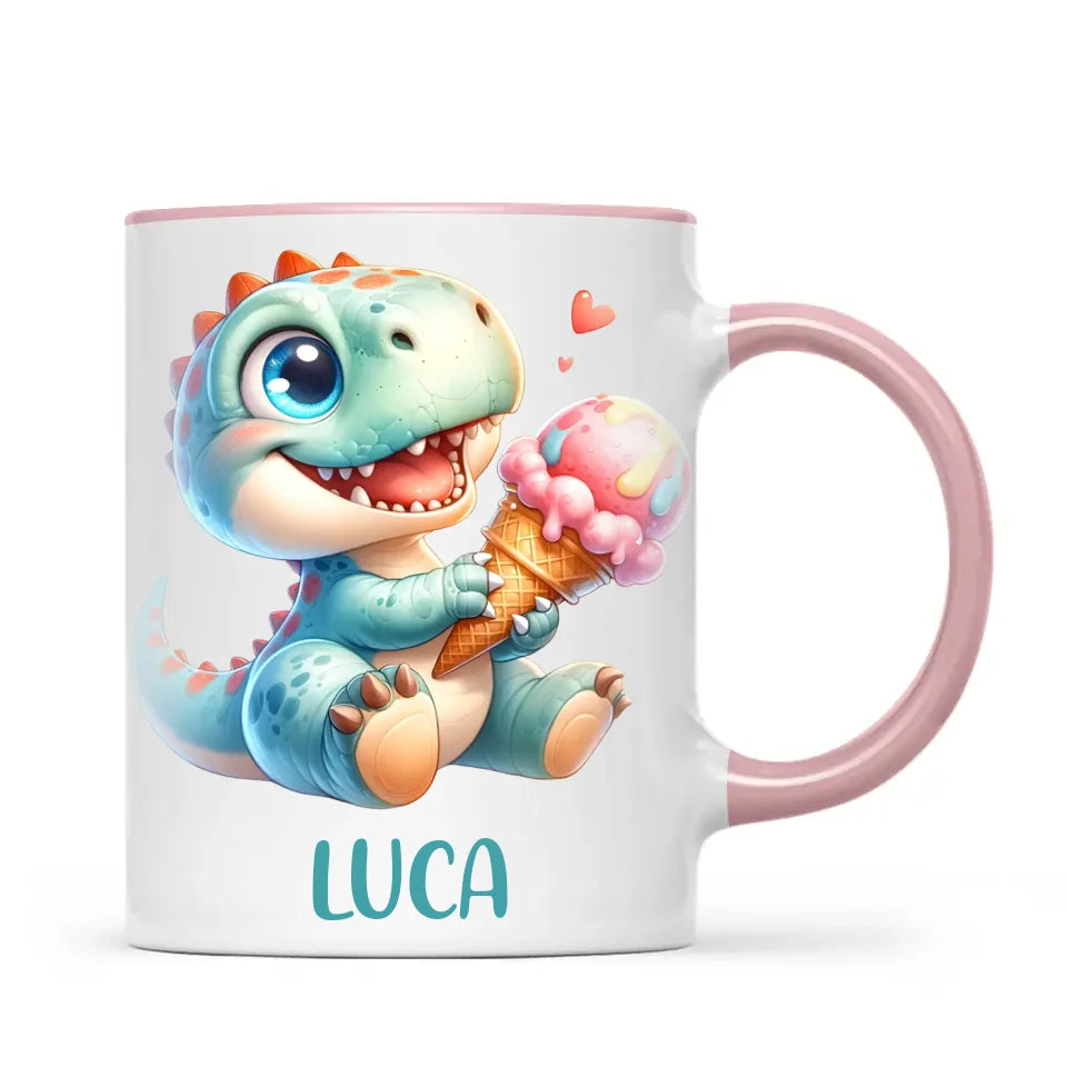 Personalised with Name, Dinosaur Ice Cream Kids Mug – Customised Cute Dino Cup for Children – Available in 11oz, 6oz & Enamel Options