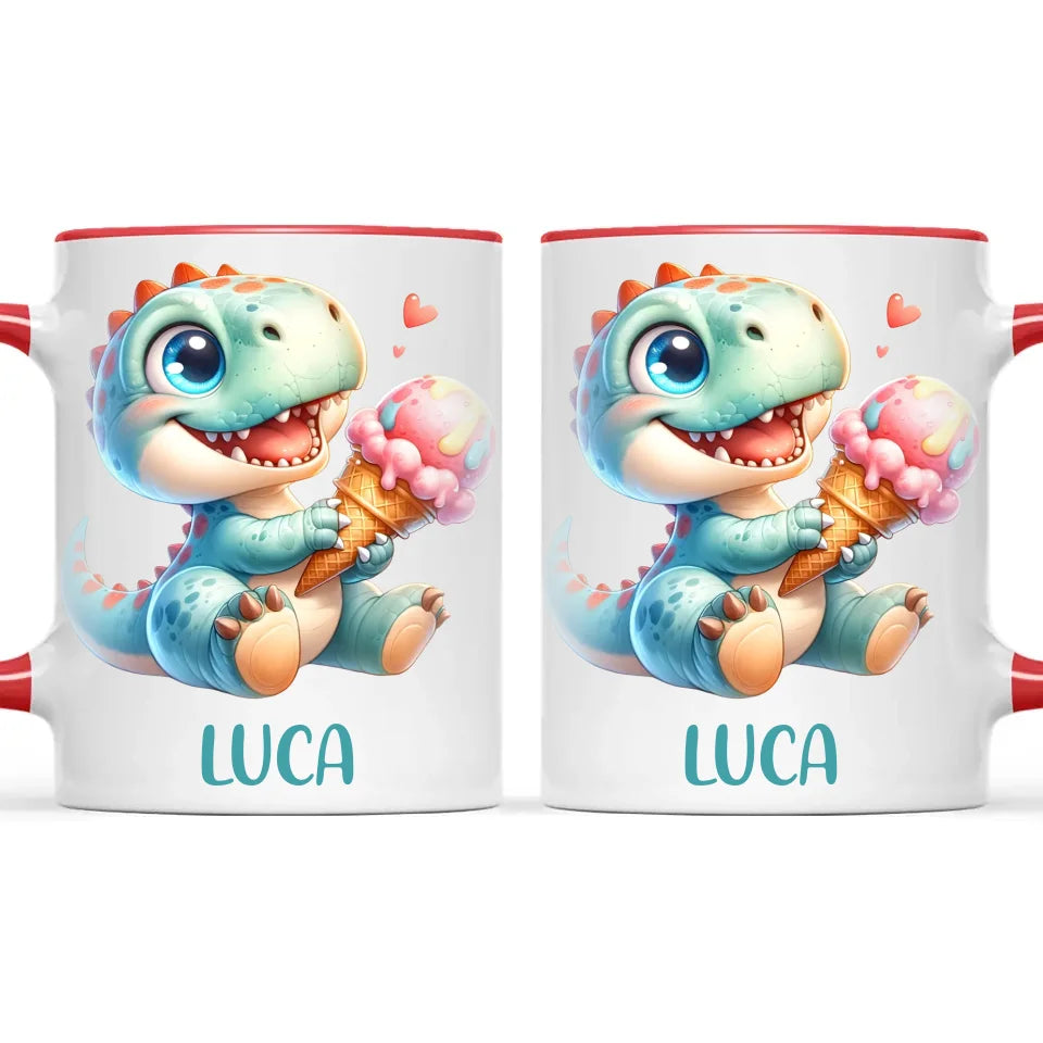 Personalised with Name, Dinosaur Ice Cream Kids Mug – Customised Cute Dino Cup for Children – Available in 11oz, 6oz & Enamel Options