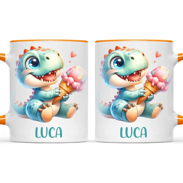 Personalised with Name, Dinosaur Ice Cream Kids Mug – Customised Cute Dino Cup for Children – Available in 11oz, 6oz & Enamel Options