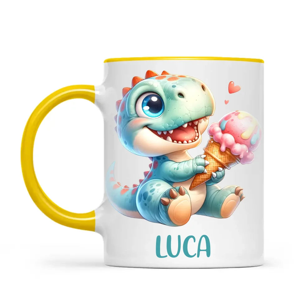 Personalised with Name, Dinosaur Ice Cream Kids Mug – Customised Cute Dino Cup for Children – Available in 11oz, 6oz & Enamel Options