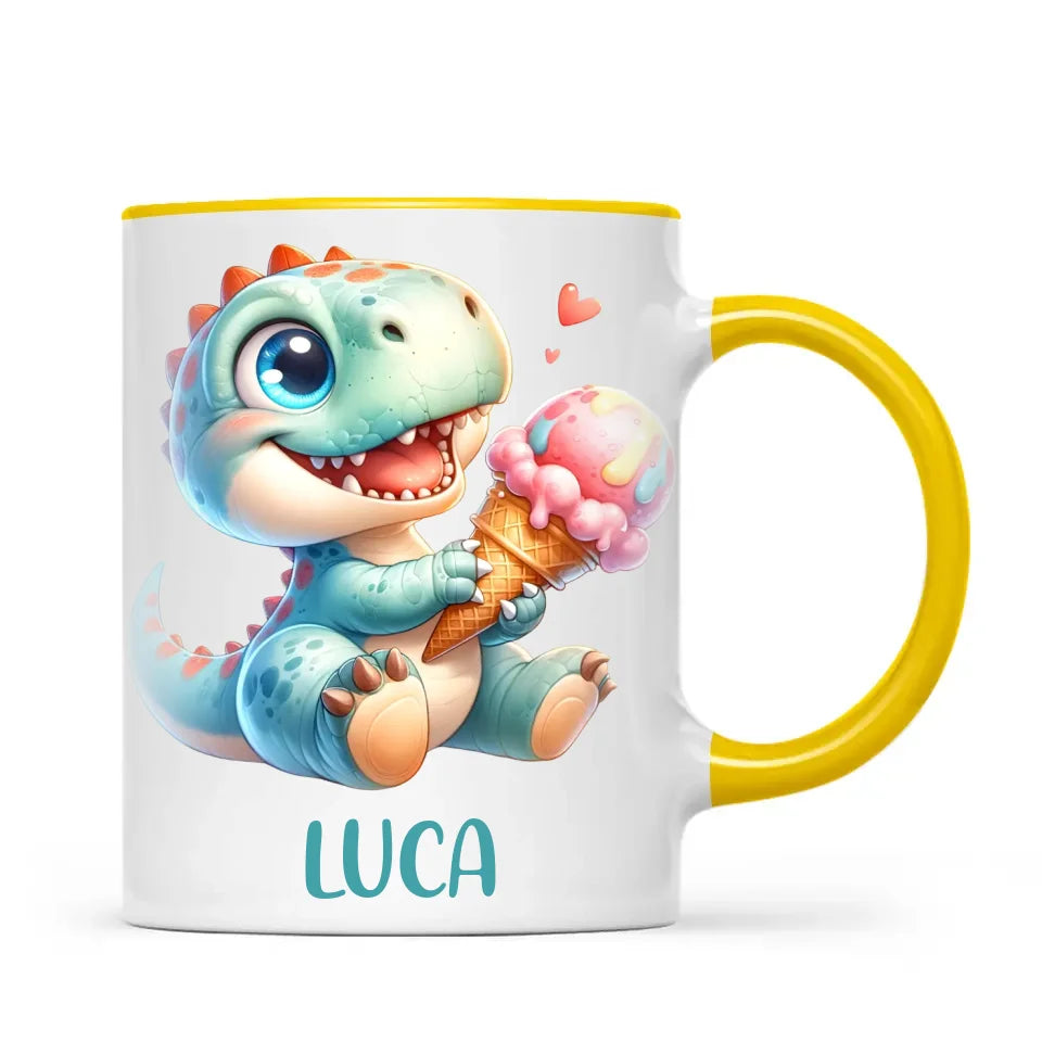 Personalised with Name, Dinosaur Ice Cream Kids Mug – Customised Cute Dino Cup for Children – Available in 11oz, 6oz & Enamel Options