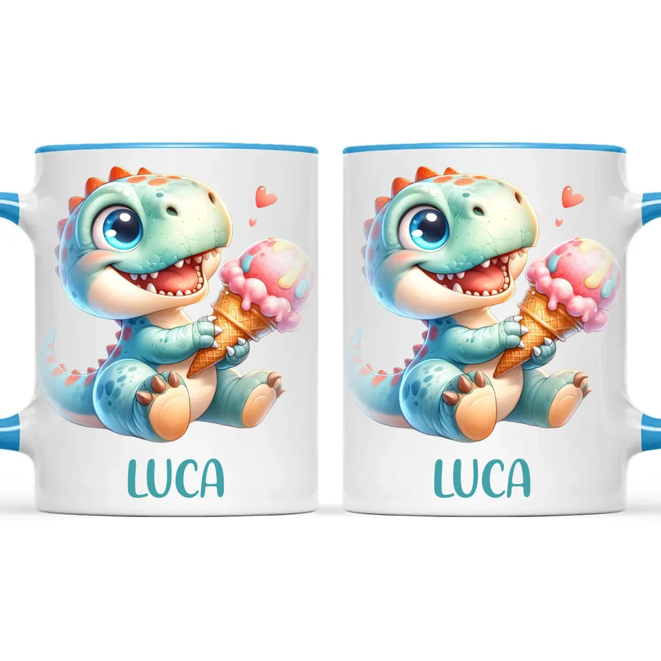 Personalised with Name, Dinosaur Ice Cream Kids Mug – Customised Cute Dino Cup for Children – Available in 11oz, 6oz & Enamel Options