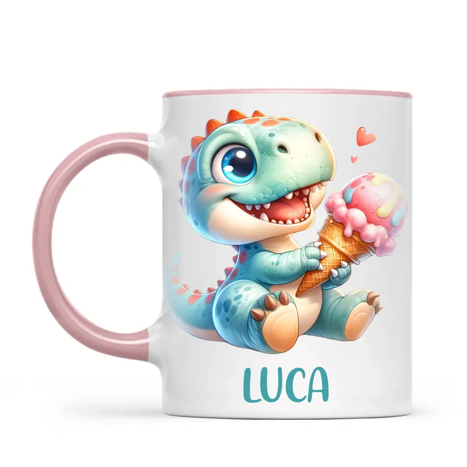 Personalised with Name, Dinosaur Ice Cream Kids Mug – Customised Cute Dino Cup for Children – Available in 11oz, 6oz & Enamel Options
