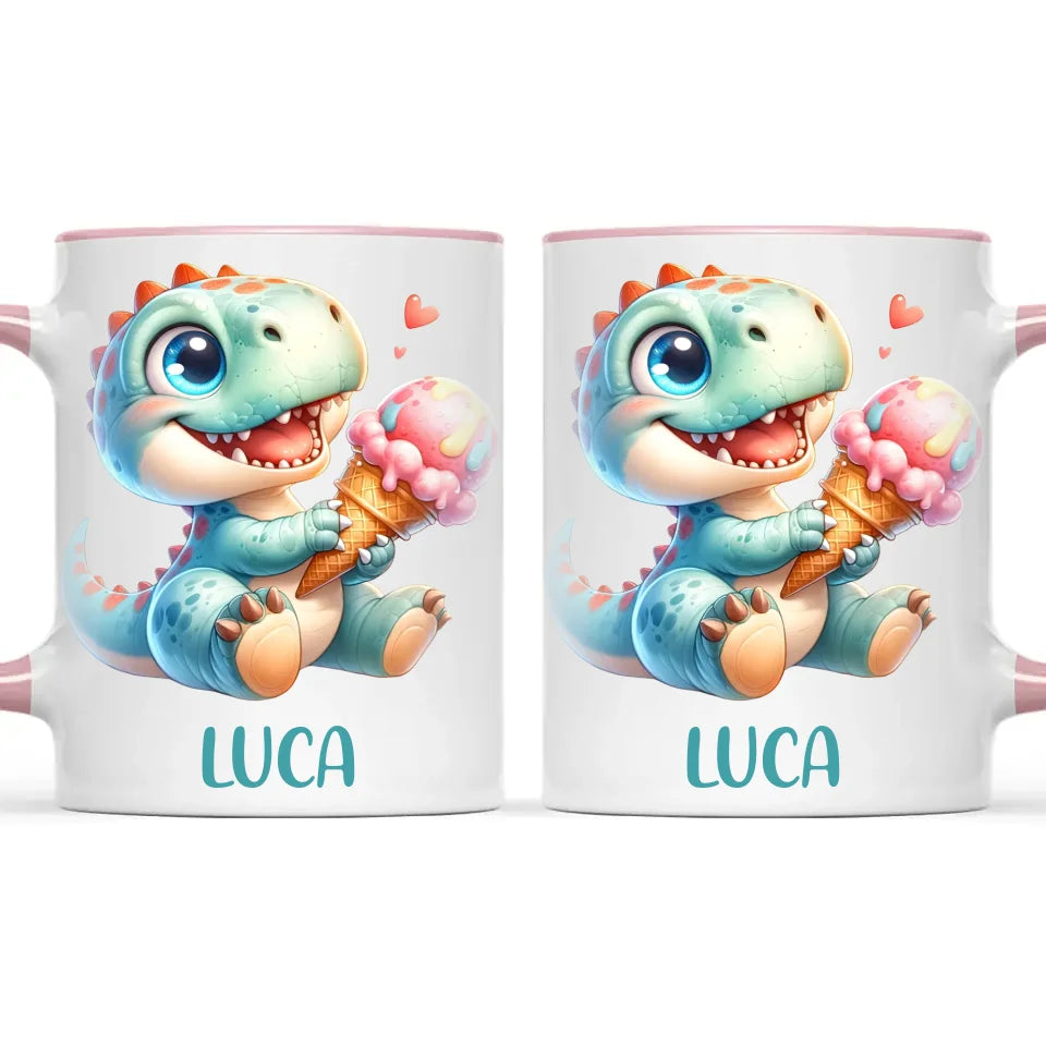 Personalised with Name, Dinosaur Ice Cream Kids Mug – Customised Cute Dino Cup for Children – Available in 11oz, 6oz & Enamel Options