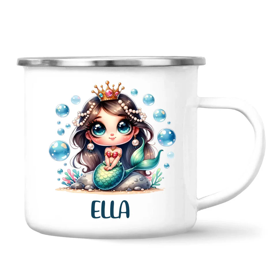 Personalised with Name, Dark-Haired Mermaid Princess Kids Mug – Custom Under-the-Sea Cup for Children – Available in 11oz, 6oz & Enamel