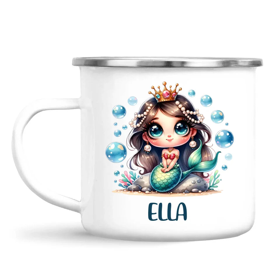 Personalised with Name, Dark-Haired Mermaid Princess Kids Mug – Custom Under-the-Sea Cup for Children – Available in 11oz, 6oz & Enamel