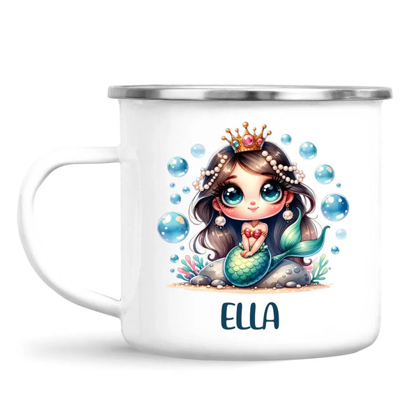 Personalised with Name, Dark-Haired Mermaid Princess Kids Mug – Custom Under-the-Sea Cup for Children – Available in 11oz, 6oz & Enamel