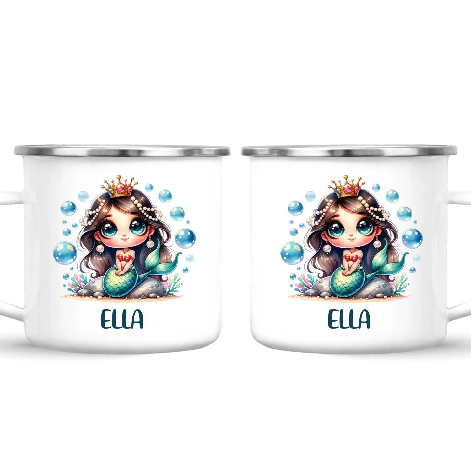 Personalised with Name, Dark-Haired Mermaid Princess Kids Mug – Custom Under-the-Sea Cup for Children – Available in 11oz, 6oz & Enamel